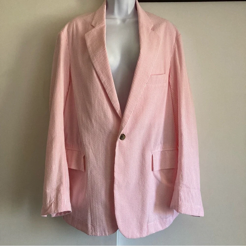 Denimist Pinstriped Pink Seersucker Deconstructed Oversized Blazer, XS Runs Big - Picture 2 of 14